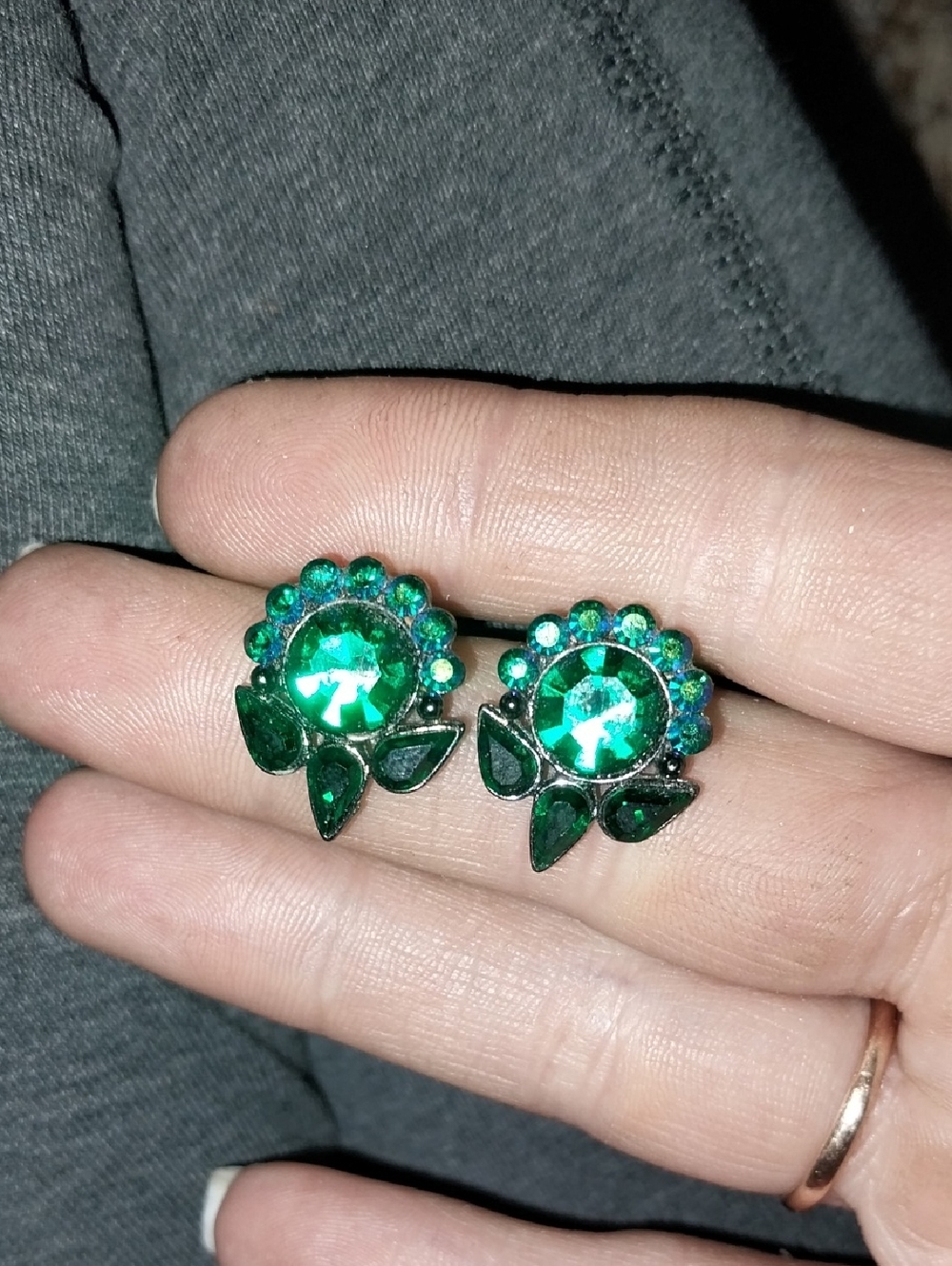 Rare Vtg. Givenchy Green and AB Crystal Flower Stud Earrings